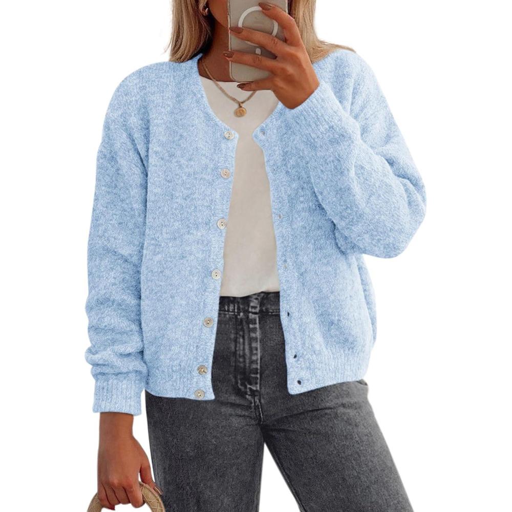 imagePRETTYGARDEN Fall Long Sleeve Cardigans for Women Trendy 2025 Lightweight Button Down Crewneck Loose Knit Sweater ClothesLight Blue