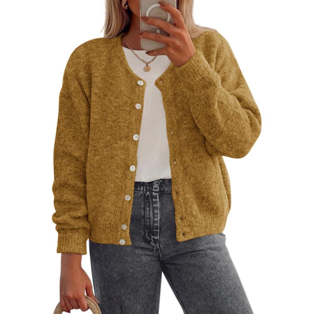 imagePRETTYGARDEN Fall Long Sleeve Cardigans for Women Trendy 2025 Lightweight Button Down Crewneck Loose Knit Sweater ClothesYellow