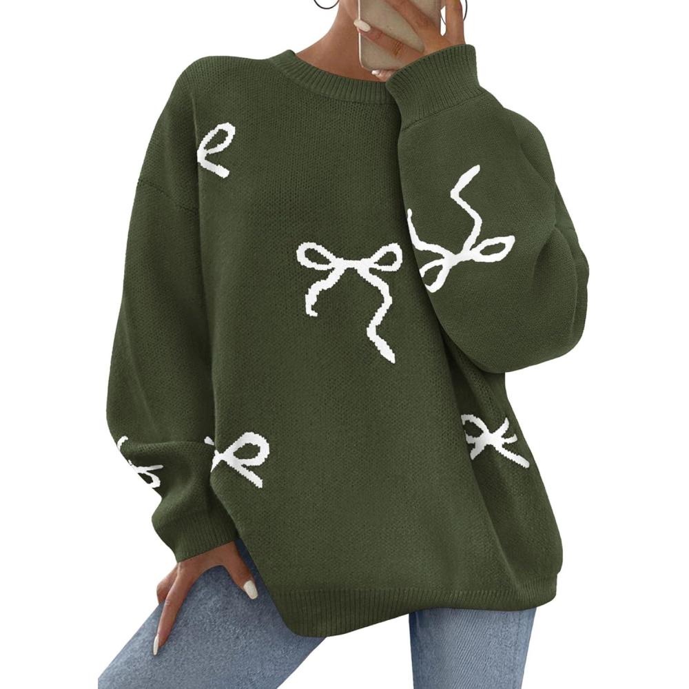 imagePRETTYGARDEN Fall Long Sleeve Pullover Sweaters for Women 2025 Trendy Crewneck Casual Cute Bow Chunky Knit Oversized SweaterArmy Green