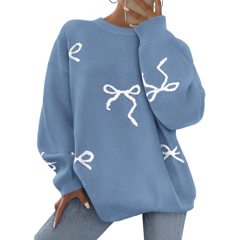 imagePRETTYGARDEN Fall Long Sleeve Pullover Sweaters for Women 2025 Trendy Crewneck Casual Cute Bow Chunky Knit Oversized SweaterBlue Grey