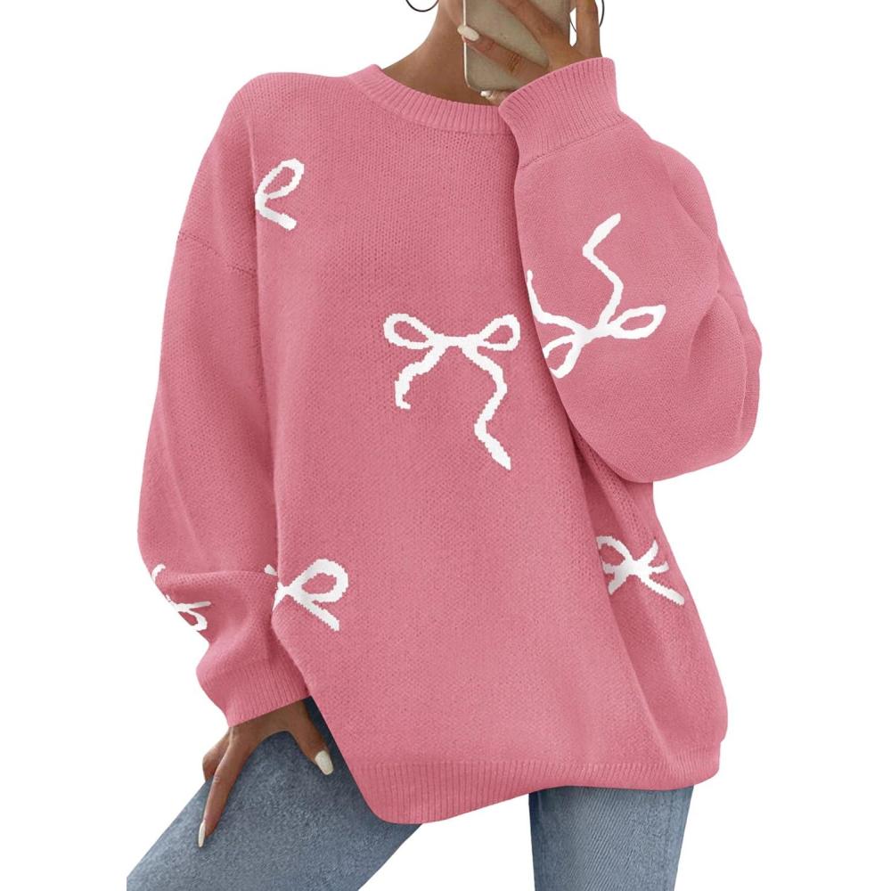 imagePRETTYGARDEN Fall Long Sleeve Pullover Sweaters for Women 2025 Trendy Crewneck Casual Cute Bow Chunky Knit Oversized SweaterDusty Pink