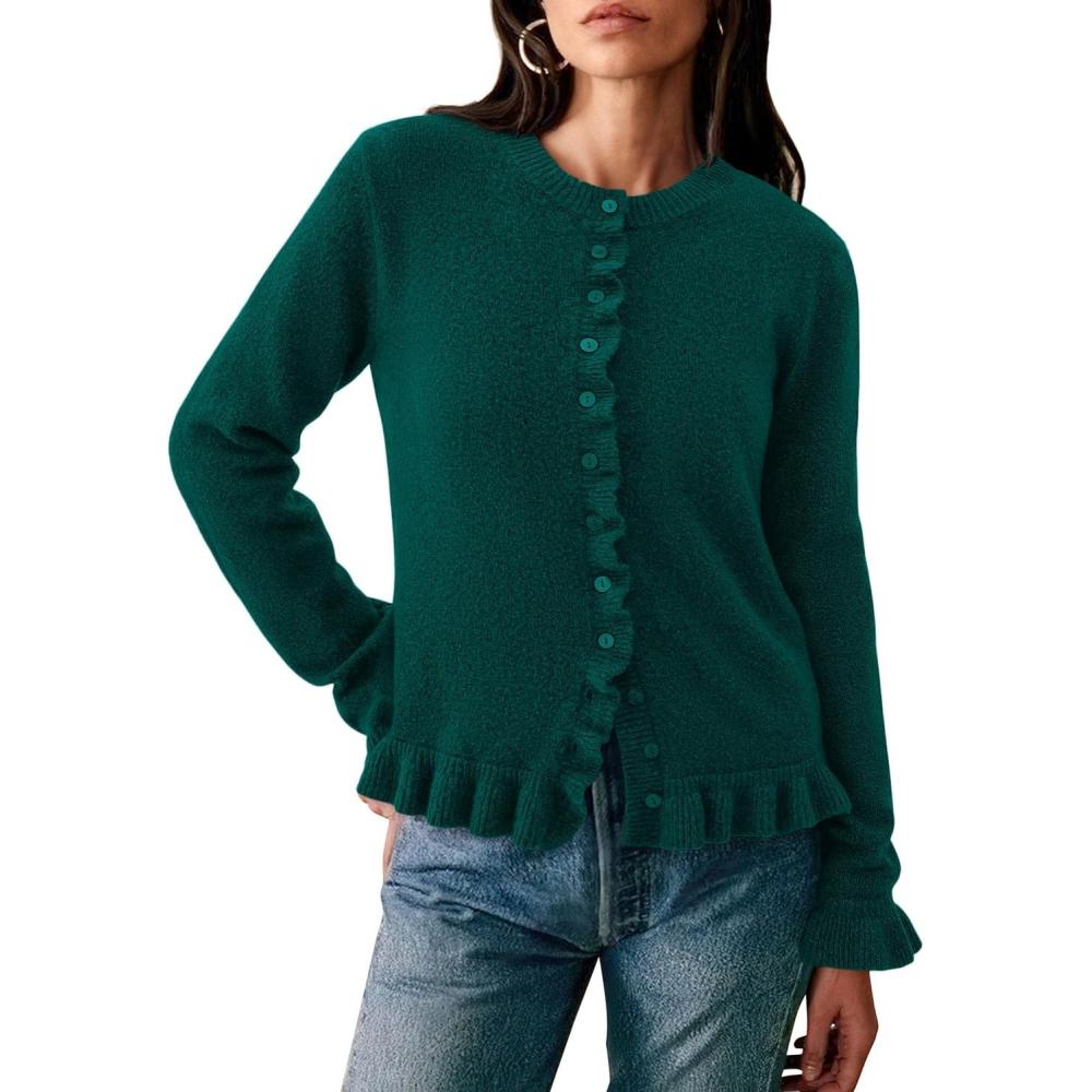 imagePRETTYGARDEN Womens Fall Button Down Cardigans Chunky Knit Ruffle Open Front Cropped Cardigan Sweaters Soft Long Sleeve TopsDark Green