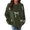 imagePRETTYGARDEN Fall Long Sleeve Pullover Sweaters for Women 2025 Trendy Crewneck Casual Cute Bow Chunky Knit Oversized SweaterArmy Green
