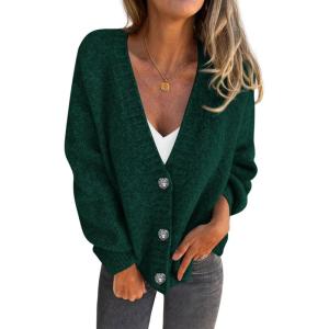 imagePRETTYGARDEN Cardigan Sweaters for Women Trendy Fall 2025 Long Sleeve Button Down Oversized Chunky Knit Sweater OuterwearDark Green