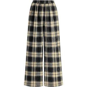 imagePRETTYGARDEN Casual Womens Pants 2025 Elastic Waist Palazzo Long Pajama Wide Leg Trousers Knit Fall Outfits with PocketsPlaid Beige Black