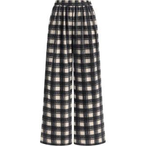 imagePRETTYGARDEN Casual Womens Pants 2025 Elastic Waist Palazzo Long Pajama Wide Leg Trousers Knit Fall Outfits with PocketsPlaid Black