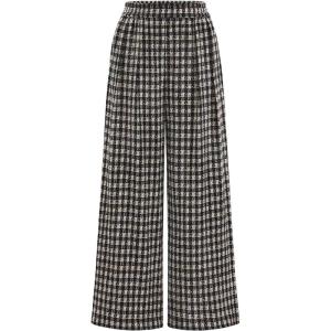 imagePRETTYGARDEN Casual Womens Pants 2025 Elastic Waist Palazzo Long Pajama Wide Leg Trousers Knit Fall Outfits with PocketsPlaid Black Apricot