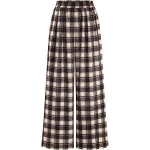 imagePRETTYGARDEN Casual Womens Pants 2025 Elastic Waist Palazzo Long Pajama Wide Leg Trousers Knit Fall Outfits with PocketsPlaid Brown