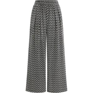 imagePRETTYGARDEN Casual Womens Pants 2025 Elastic Waist Palazzo Long Pajama Wide Leg Trousers Knit Fall Outfits with PocketsStriped Black