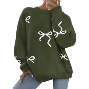 imagePRETTYGARDEN Fall Long Sleeve Pullover Sweaters for Women 2025 Trendy Crewneck Casual Cute Bow Chunky Knit Oversized SweaterArmy Green