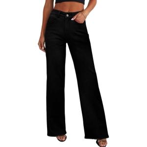 imagePRETTYGARDEN Wide Leg Jeans for Women Trendy High Waisted Stretchy Baggy Raw Hem Denim Palazzo Pants 2025 Fall ClothesSolid Black