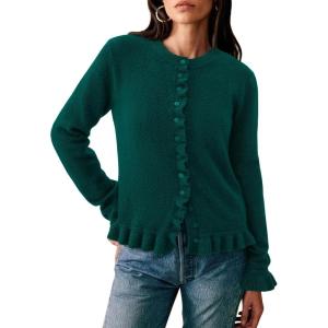 imagePRETTYGARDEN Womens Fall Button Down Cardigans Chunky Knit Ruffle Open Front Cropped Cardigan Sweaters Soft Long Sleeve TopsDark Green