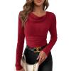 imagePRETTYGARDEN Womens Long Sleeve Cowl Neck Ribbed Knit Fall Shirts Slim Fit Ruched Going Out Crop Tops Basic TShirtsRed