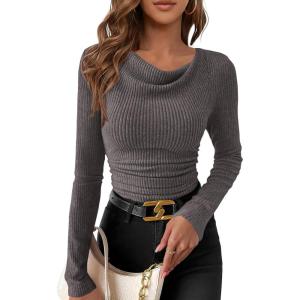 imagePRETTYGARDEN Womens Long Sleeve Cowl Neck Ribbed Knit Fall Shirts Slim Fit Ruched Going Out Crop Tops Basic TShirtsDark Grey