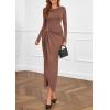 imagePRETTYGARDEN Womens Fall Wedding Guest Cocktail Midi Dresses Elegant Long Sleeve Bodycon Ruched Dress 2025 Fashion ClothingLight Brown
