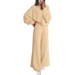 imagePRETTYGARDEN Women 2 Piece Outfits 2025 Fall Sweatsuits Crewneck Sweatshirt Wide Leg Sweatpants Lounge Sets TracksuitApricot