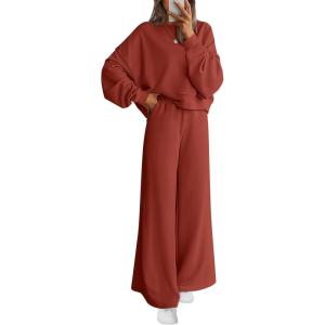 imagePRETTYGARDEN Women 2 Piece Outfits 2025 Fall Sweatsuits Crewneck Sweatshirt Wide Leg Sweatpants Lounge Sets TracksuitBrick Red