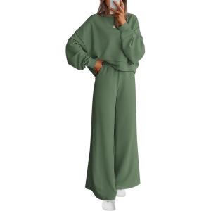 imagePRETTYGARDEN Women 2 Piece Outfits 2025 Fall Sweatsuits Crewneck Sweatshirt Wide Leg Sweatpants Lounge Sets TracksuitGreen