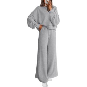 imagePRETTYGARDEN Women 2 Piece Outfits 2025 Fall Sweatsuits Crewneck Sweatshirt Wide Leg Sweatpants Lounge Sets TracksuitGrey