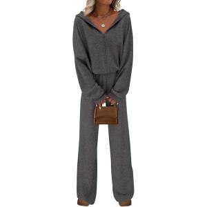 imagePRETTYGARDEN Womens 2 Piece Fall Lounge Sets 2025 Zip Up Hoodie Wide Leg Pants Tracksuit Matching Travel Outfits ClothesDark Grey