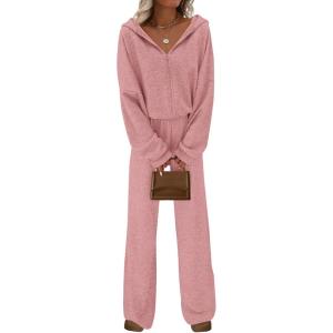 imagePRETTYGARDEN Womens 2 Piece Fall Lounge Sets 2025 Zip Up Hoodie Wide Leg Pants Tracksuit Matching Travel Outfits ClothesPink