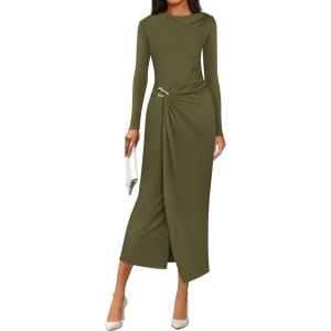 imagePRETTYGARDEN Womens Fall Wedding Guest Cocktail Midi Dresses Elegant Long Sleeve Bodycon Ruched Dress 2025 Fashion ClothingArmy Green