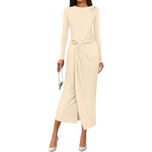 imagePRETTYGARDEN Womens Fall Wedding Guest Cocktail Midi Dresses Elegant Long Sleeve Bodycon Ruched Dress 2025 Fashion ClothingBeige
