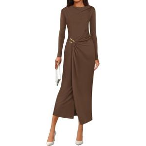 imagePRETTYGARDEN Womens Fall Wedding Guest Cocktail Midi Dresses Elegant Long Sleeve Bodycon Ruched Dress 2025 Fashion ClothingBrown