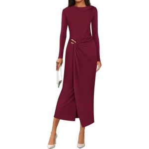 imagePRETTYGARDEN Womens Fall Wedding Guest Cocktail Midi Dresses Elegant Long Sleeve Bodycon Ruched Dress 2025 Fashion ClothingBurgundy