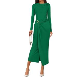 imagePRETTYGARDEN Womens Fall Wedding Guest Cocktail Midi Dresses Elegant Long Sleeve Bodycon Ruched Dress 2025 Fashion ClothingGreen