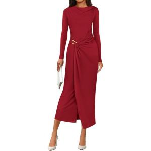 imagePRETTYGARDEN Womens Fall Wedding Guest Cocktail Midi Dresses Elegant Long Sleeve Bodycon Ruched Dress 2025 Fashion ClothingRed
