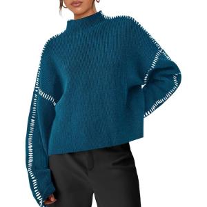 imagePRETTYGARDEN Womens Chunky Knit Sweaters 2025 Fall Long Sleeve Mock Neck Oversized Pullover Tops Winter Fashion ClothesBlue Green