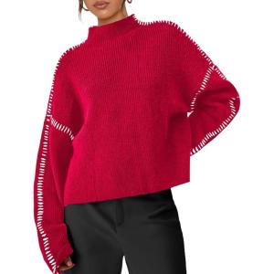 imagePRETTYGARDEN Womens Chunky Knit Sweaters 2025 Fall Long Sleeve Mock Neck Oversized Pullover Tops Winter Fashion ClothesRed