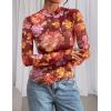 imagePRETTYGARDEN Womens Mesh Floral Blouses 2025 Fall Clothes Long Sleeve Going Out Tops Fitted Shirts Date Night OutfitFloral Brown Orange