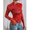 imagePRETTYGARDEN Womens Mesh Floral Blouses 2025 Fall Clothes Long Sleeve Going Out Tops Fitted Shirts Date Night OutfitFloral Orange Red