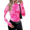 imagePRETTYGARDEN Womens Mesh Floral Blouses 2025 Fall Clothes Long Sleeve Going Out Tops Fitted Shirts Date Night OutfitFloral Pink Rose Red