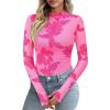 imagePRETTYGARDEN Womens Mesh Floral Blouses 2025 Fall Clothes Long Sleeve Going Out Tops Fitted Shirts Date Night OutfitFloral Pink Rose Red