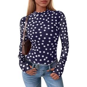 imagePRETTYGARDEN Womens Mesh Floral Blouses 2025 Fall Clothes Long Sleeve Going Out Tops Fitted Shirts Date Night Outfit01 Dot Navy White