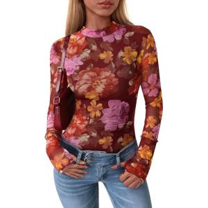 imagePRETTYGARDEN Womens Mesh Floral Blouses 2025 Fall Clothes Long Sleeve Going Out Tops Fitted Shirts Date Night OutfitFloral Brown Orange