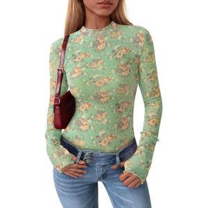 imagePRETTYGARDEN Womens Mesh Floral Blouses 2025 Fall Clothes Long Sleeve Going Out Tops Fitted Shirts Date Night OutfitFloral Green