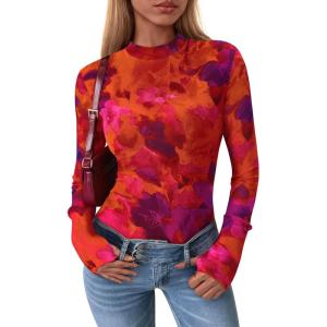 imagePRETTYGARDEN Womens Mesh Floral Blouses 2025 Fall Clothes Long Sleeve Going Out Tops Fitted Shirts Date Night OutfitFloral Red Purple
