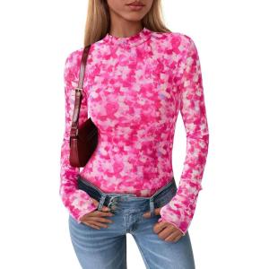 imagePRETTYGARDEN Womens Mesh Floral Blouses 2025 Fall Clothes Long Sleeve Going Out Tops Fitted Shirts Date Night OutfitFloral White Rose Pink