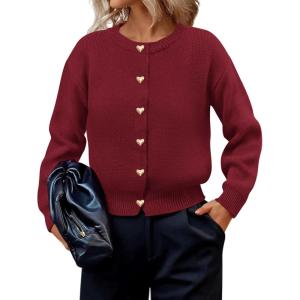 imagePRETTYGARDEN Cardigan for Women 2025 Fall Fashion Long Sleeve Trendy Button Down Work Office Sweaters Cute Winter JacketBurgundy