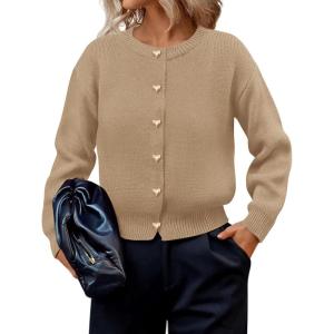 imagePRETTYGARDEN Cardigan for Women 2025 Fall Fashion Long Sleeve Trendy Button Down Work Office Sweaters Cute Winter JacketKhaki