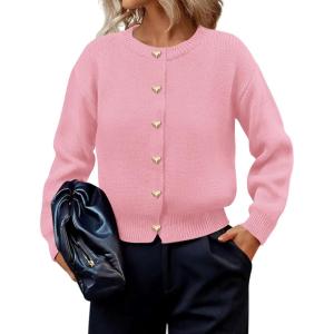 imagePRETTYGARDEN Cardigan for Women 2025 Fall Fashion Long Sleeve Trendy Button Down Work Office Sweaters Cute Winter JacketPink
