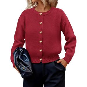 imagePRETTYGARDEN Cardigan for Women 2025 Fall Fashion Long Sleeve Trendy Button Down Work Office Sweaters Cute Winter JacketRed