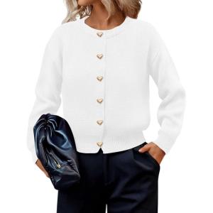 imagePRETTYGARDEN Cardigan for Women 2025 Fall Fashion Long Sleeve Trendy Button Down Work Office Sweaters Cute Winter JacketWhite