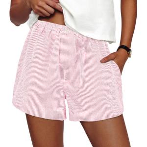 imagePRETTYGARDEN Womens Striped Boxer Shorts Summer 2025 Trendy Casual Elastic Waist Lounge Sleep Pajama Bottoms Beach ShortsStriped Light Pink White