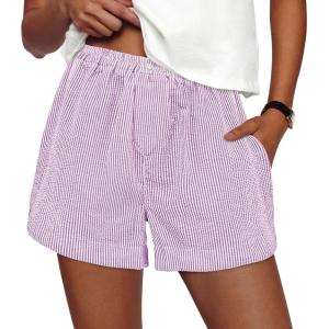 imagePRETTYGARDEN Womens Striped Boxer Shorts Summer 2025 Trendy Casual Elastic Waist Lounge Sleep Pajama Bottoms Beach ShortsStriped Purple White