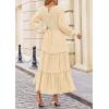 imagePRETTYGARDEN Womens Smocked Maxi Dress 2025 Fall Casual Long Sleeve Swiss Dot Ruffle Long Flowy Wedding Guest DressesBeige